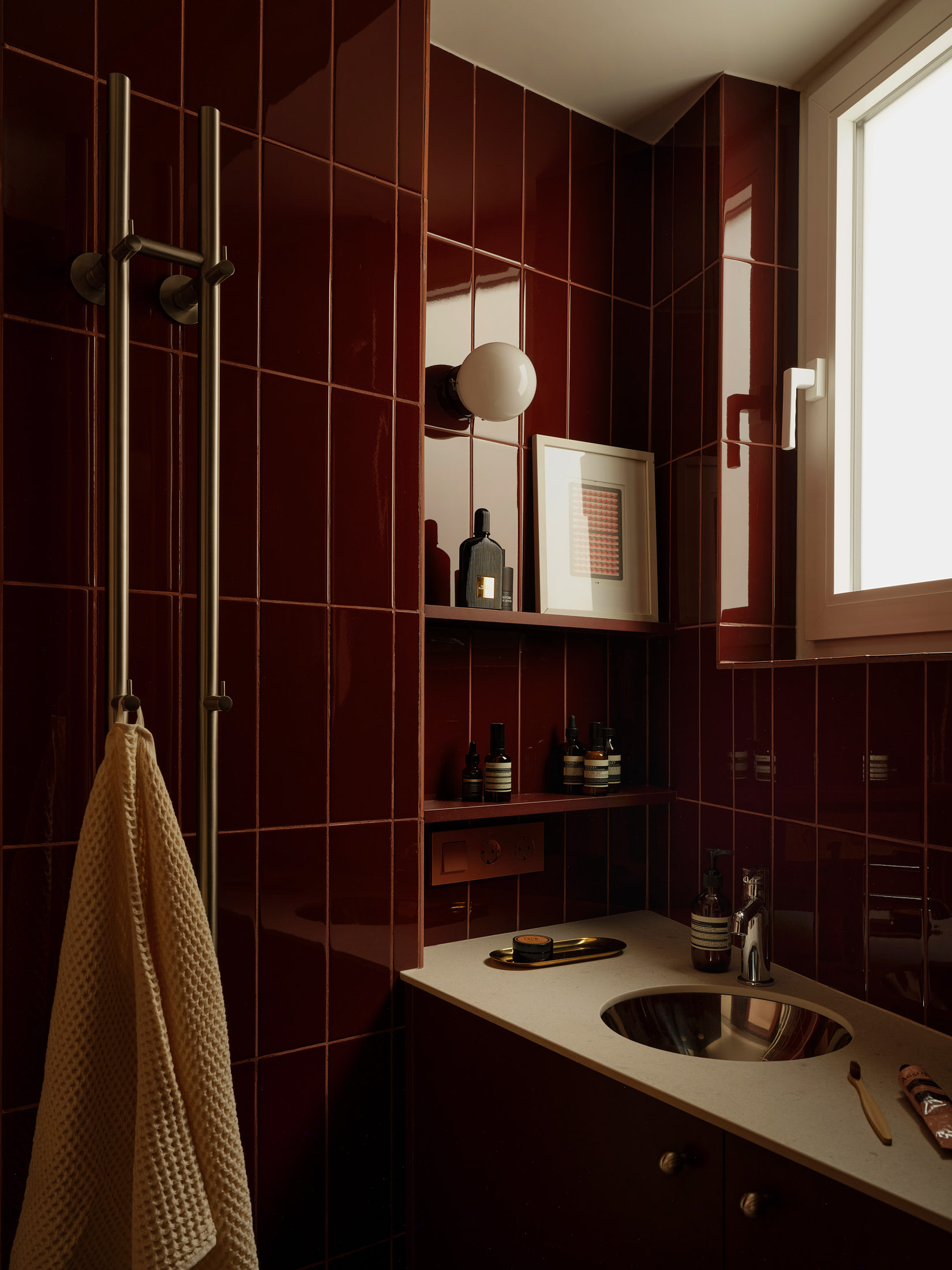 Viladomat Apartment in Barcelona by Colombo Architecture - bathroom with stainless steel basin and open shelving