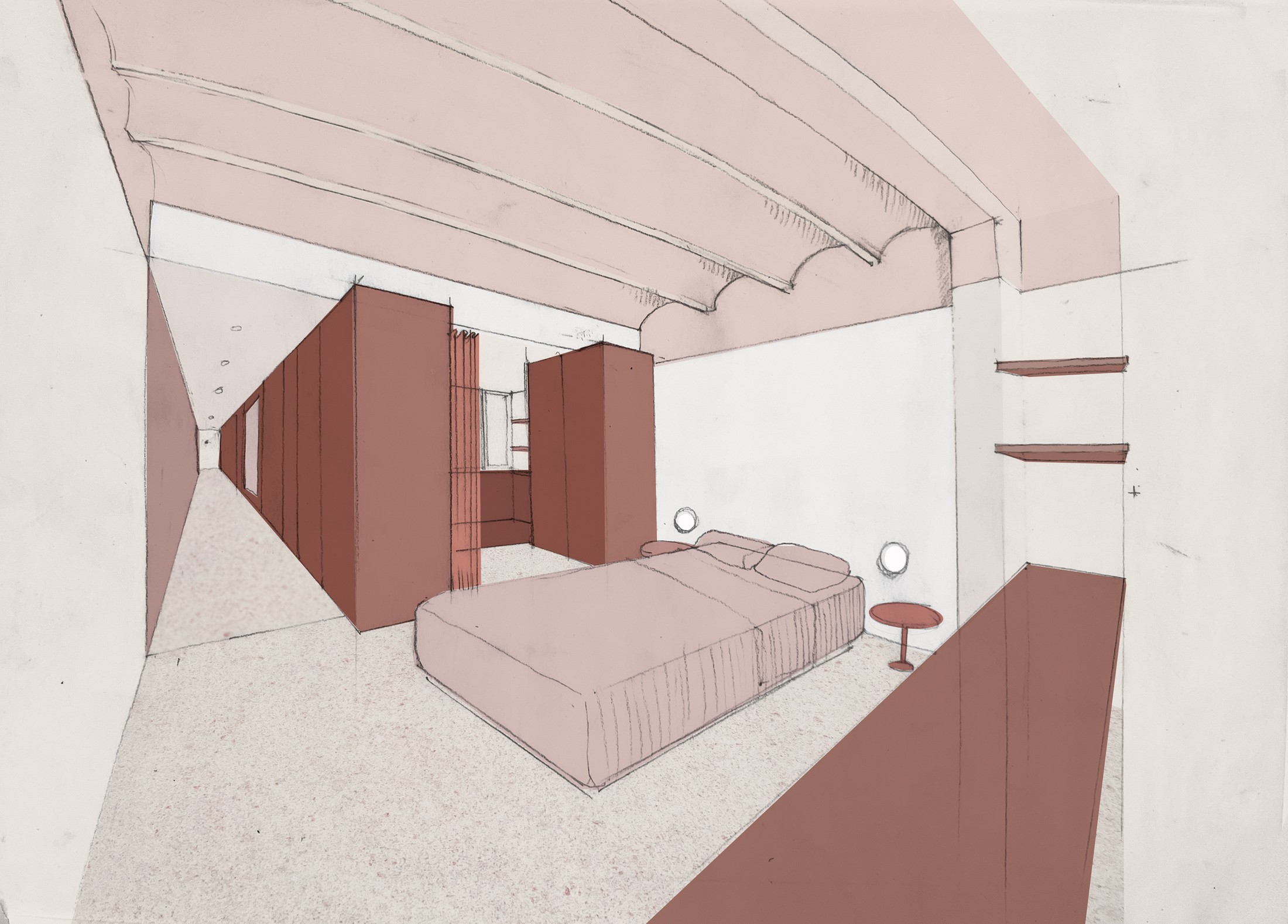 Viladomat Apartment in Barcelona by Colombo Architecture - perspective drawing of the bedroom and walk-in closet