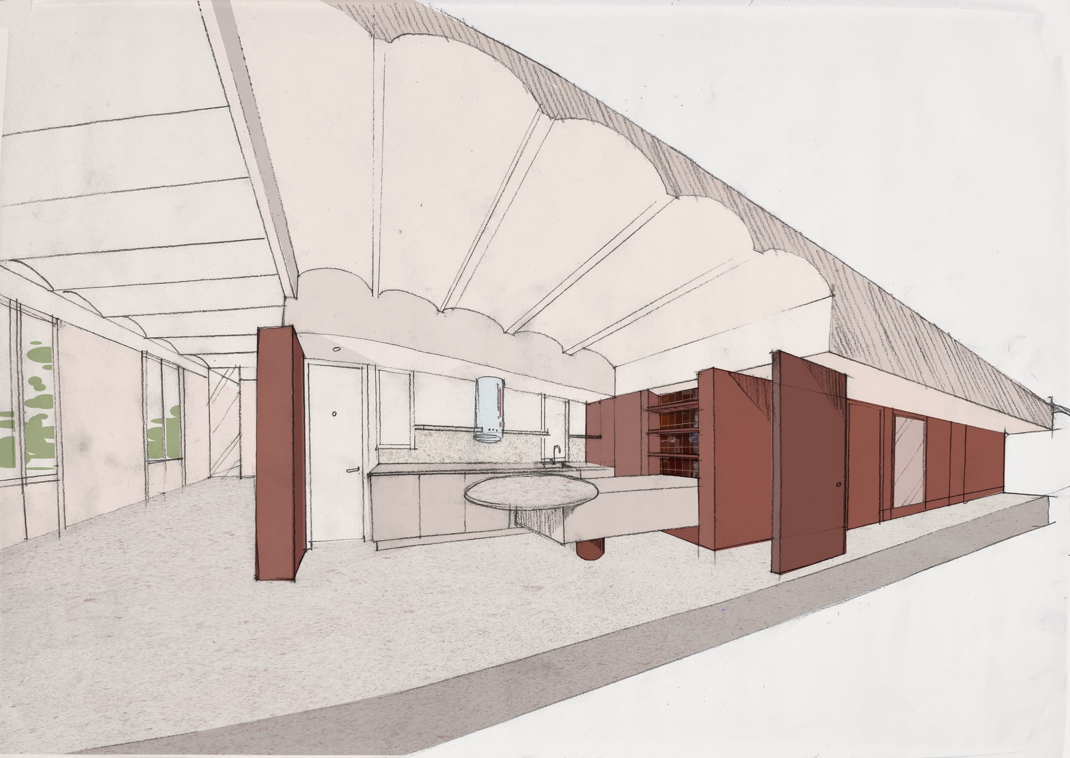 Viladomat Apartment in Barcelona by Colombo Architecture - perspective drawing of the kitchen and living area